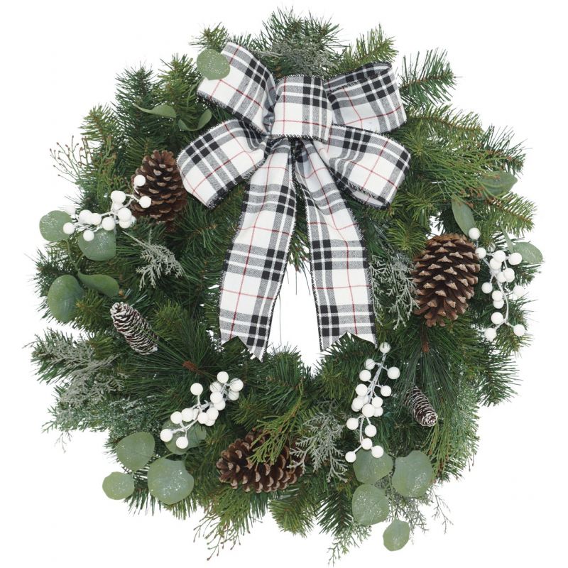 Mission Gallery Mixed Pine Artificial Wreath with Black &amp; Red Plaid Bow Green