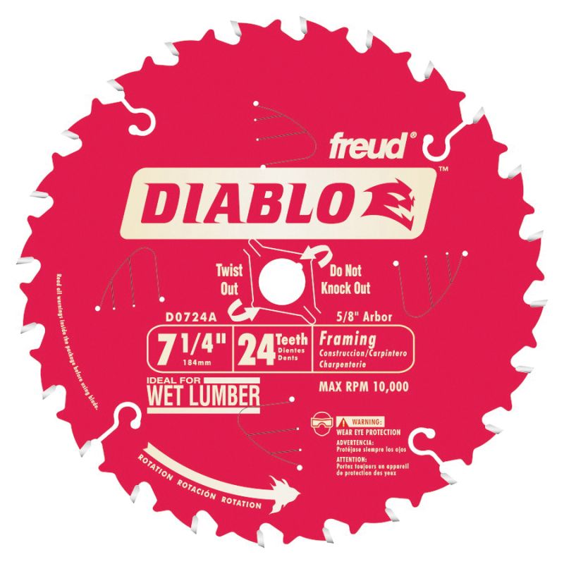 Diablo D0724A Circular Saw Blade, 7-1/4 in Dia, 5/8 in Arbor, 24-Teeth, Carbide Cutting Edge