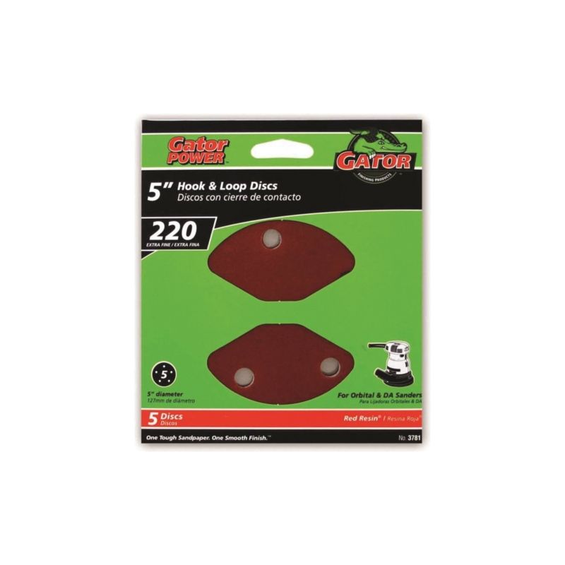 Gator 3781 Sanding Disc, 5 in Dia, 220 Grit, Extra Fine, Aluminum Oxide Abrasive, Vented Red
