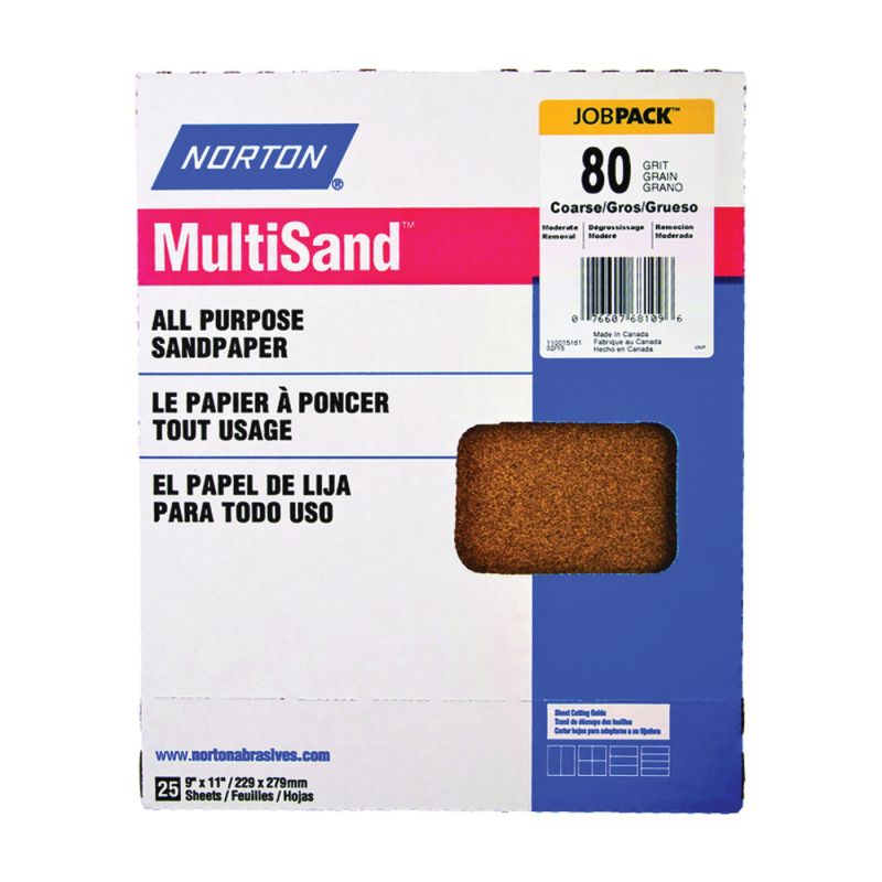 Norton MultiSand 07660768109 Sanding Sheet, 11 in L, 9 in W, Coarse, 80 Grit, Aluminum Oxide Abrasive, Paper Backing Brown