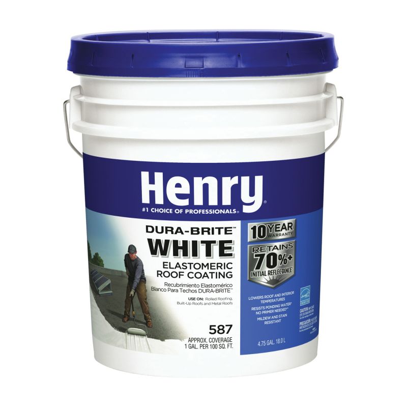 Henry HE587372 Elastomeric Roof Coating, White, 5 gal Pail, Cream White