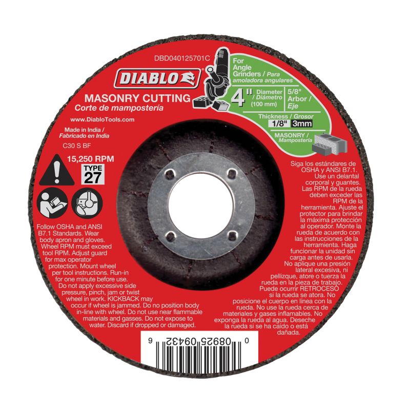 Diablo DBD040125701C Cut-Off Wheel, 4 in Dia, 1/8 in Thick, 5/8 in Arbor, Aluminum Oxide Abrasive
