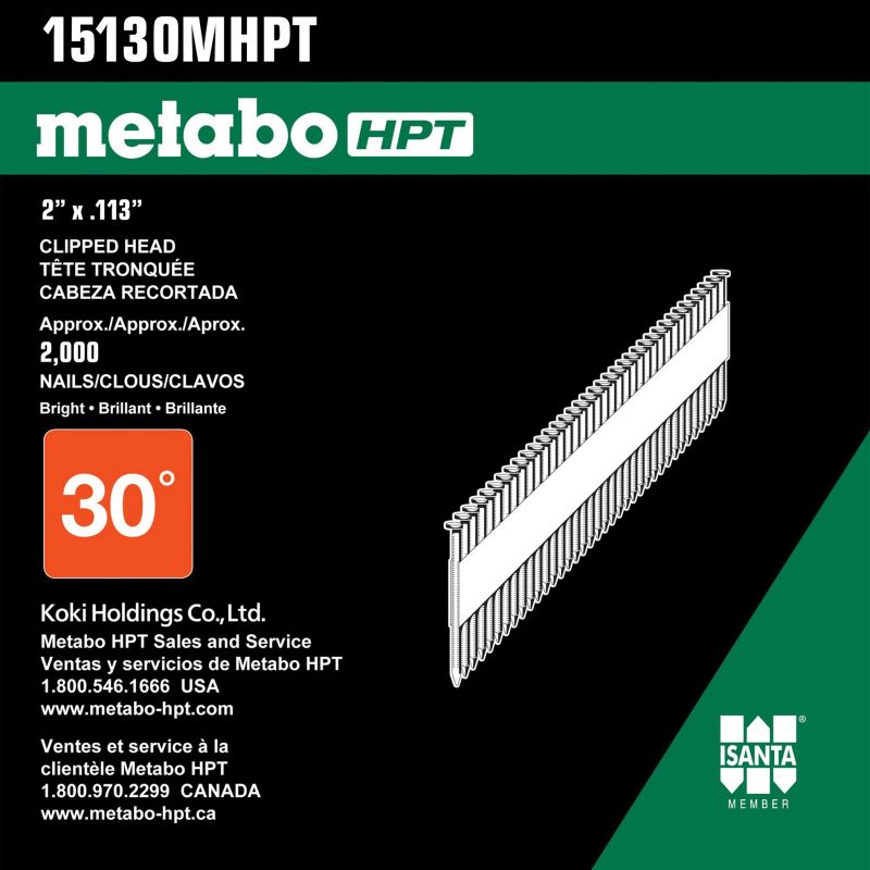 Metabo HPT 15130MHPT Sheathing Nail, 6D, 2 in L, 30 ga Gauge, Steel, Hot-Dipped Galvanized, Clipped Head 6D