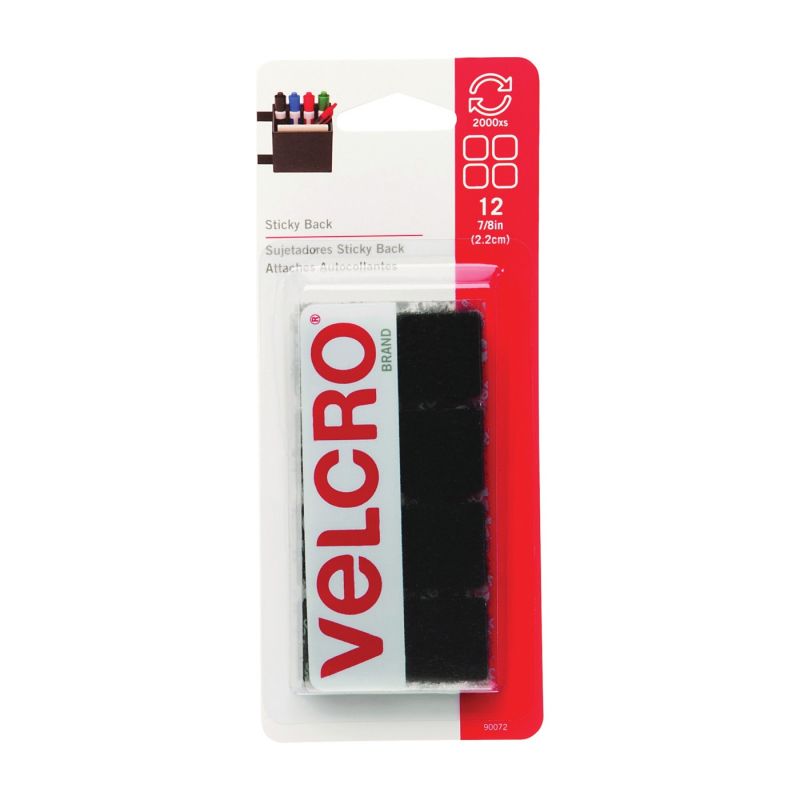 VELCRO Brand 90072 Fastener, 7/8 in W, 7/8 in L, Nylon, Black, Rubber Adhesive Black