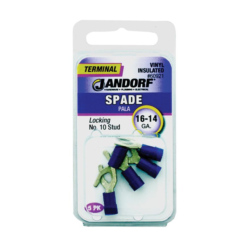 Jandorf 60921 Spade Terminal, 600 V, 16 to 14 AWG Wire, #10 Stud, Vinyl Insulation, Copper Contact, Blue Blue
