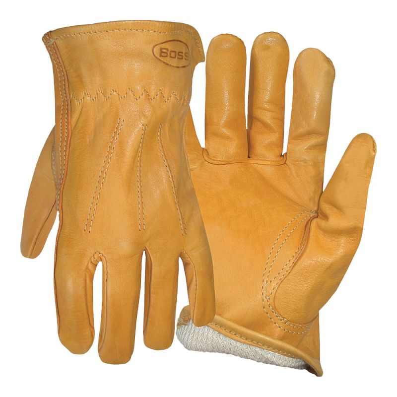 Boss 6133L Gloves, L, Keystone Thumb, Open, Shirred Elastic Back Cuff, Cowhide Leather, Gold L, Gold