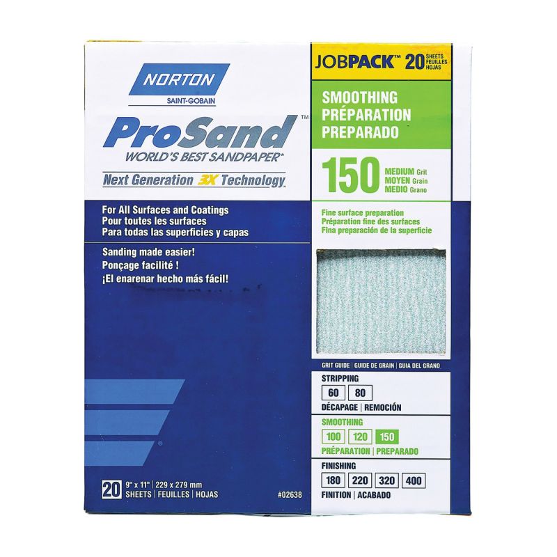 Norton ProSand 07660768171 Sanding Sheet, 11 in L, 9 in W, Medium, 150 Grit, Aluminum Oxide Abrasive, Paper Backing Tan