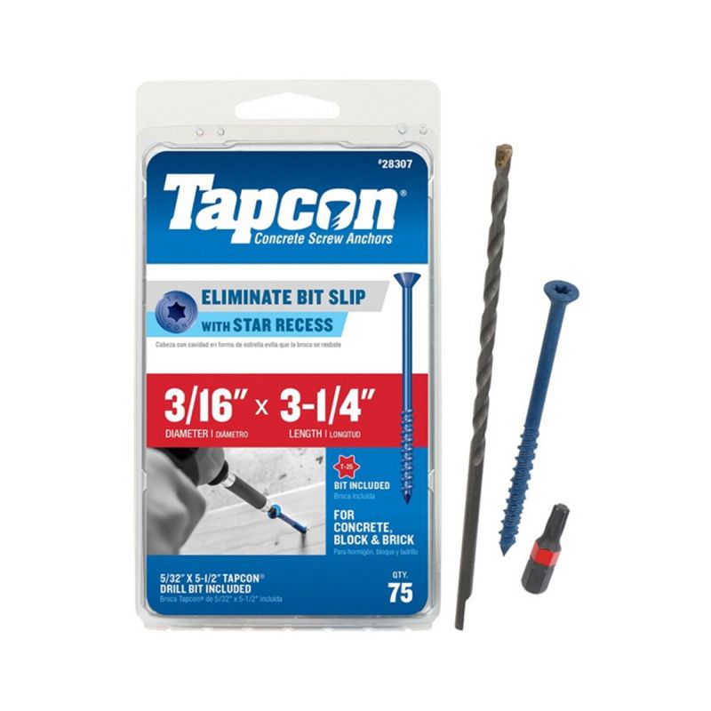 Tapcon 28307 Concrete Screw Anchor, 3/16 in Dia, 3-1/4 in L, Steel, Climaseal Blue
