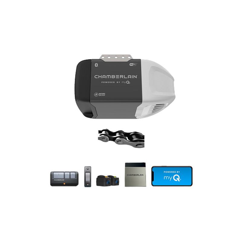 Chamberlain C2212T Garage Door Opener, Battery, Chain Drive, OS: myQ and Security+ 2.0, Gray Gray
