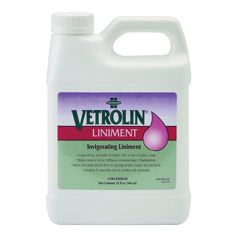 Farnam Vetrolin 80192 Invigorating Liniment, Liquid, Transparent Green, Alcoholic Aroma, 32 oz Transparent Green