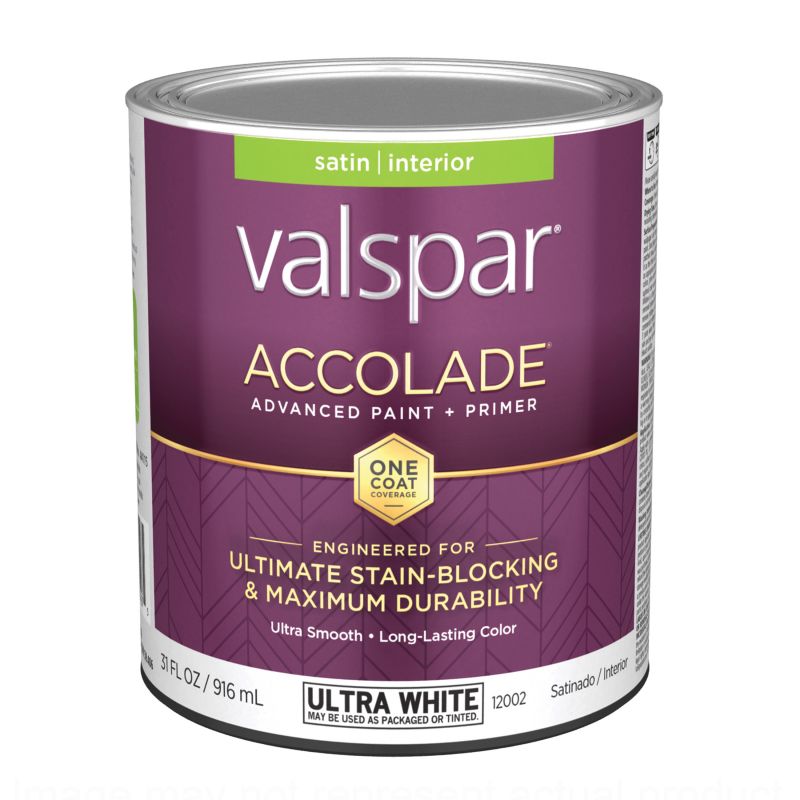 Valspar Accolade 1200 028.0012002.005 Latex Paint, Acrylic Base, Satin, Ultra White, 1 qt, Metal Can Ultra White
