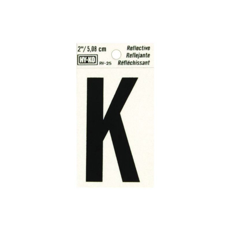 Hy-Ko RV-25/K Reflective Letter, Character: K, 2 in H Character, Black Character, Silver Background, Vinyl (Pack of 10)