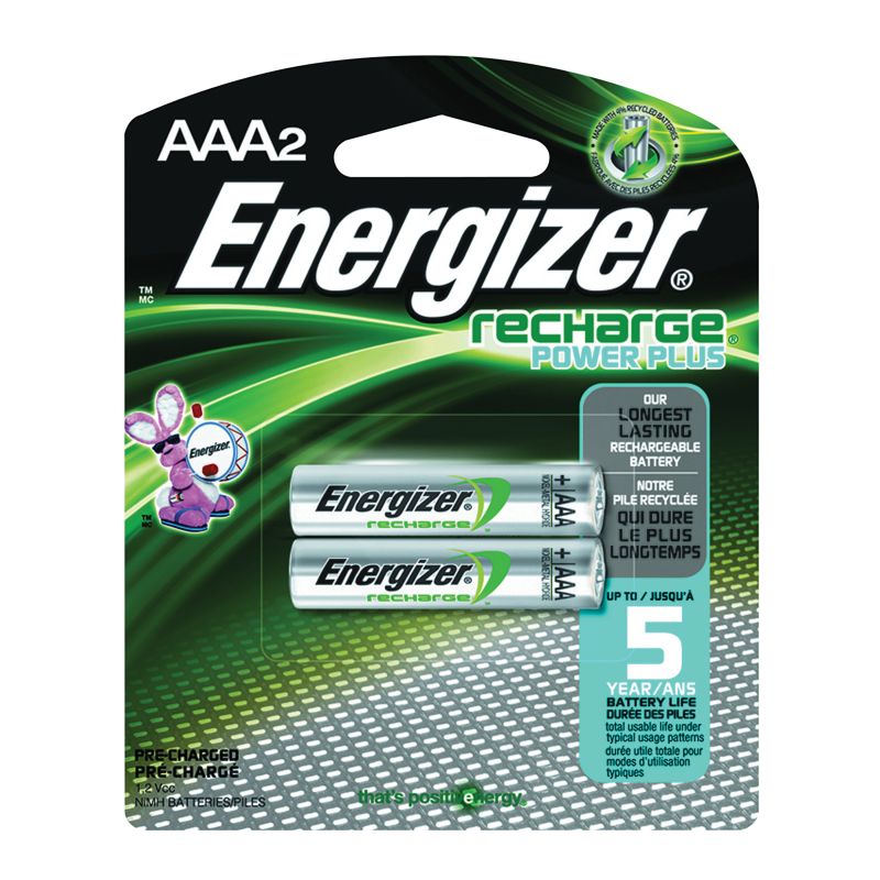 Energizer NH12BP-2 Battery, 1.2 V Battery, 850 mAh, AAA Battery, Nickel-Metal Hydride, Rechargeable, Black Black