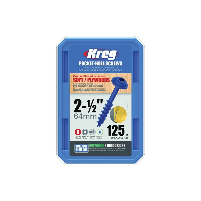 Kreg Blue-Kote SML-C250B-125 Pocket-Hole Screw, #8 Thread, Coarse Thread, Maxi-Loc Head, Square Drive, Carbon Steel
