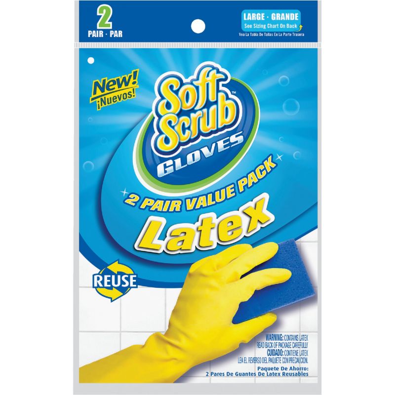 Soft Scrub 2-Pair Pack Latex Rubber Glove L, Yellow