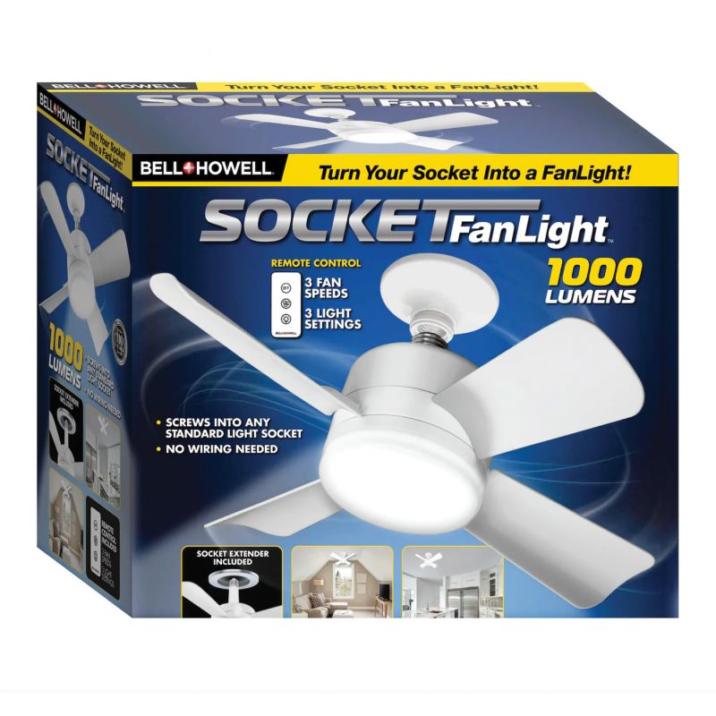 Bell+Howell 8563 Socket Ceiling Fan and Light, 4-Blade, White Housing, White Blade, ABS Blade, 3-Speed, With Lights: Yes