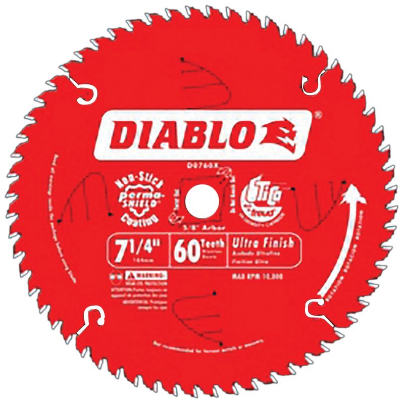 Diablo D0760A Circular Saw Blade, 7-1/4 in Dia, 5/8 in Arbor, 60-Teeth, Carbide Cutting Edge