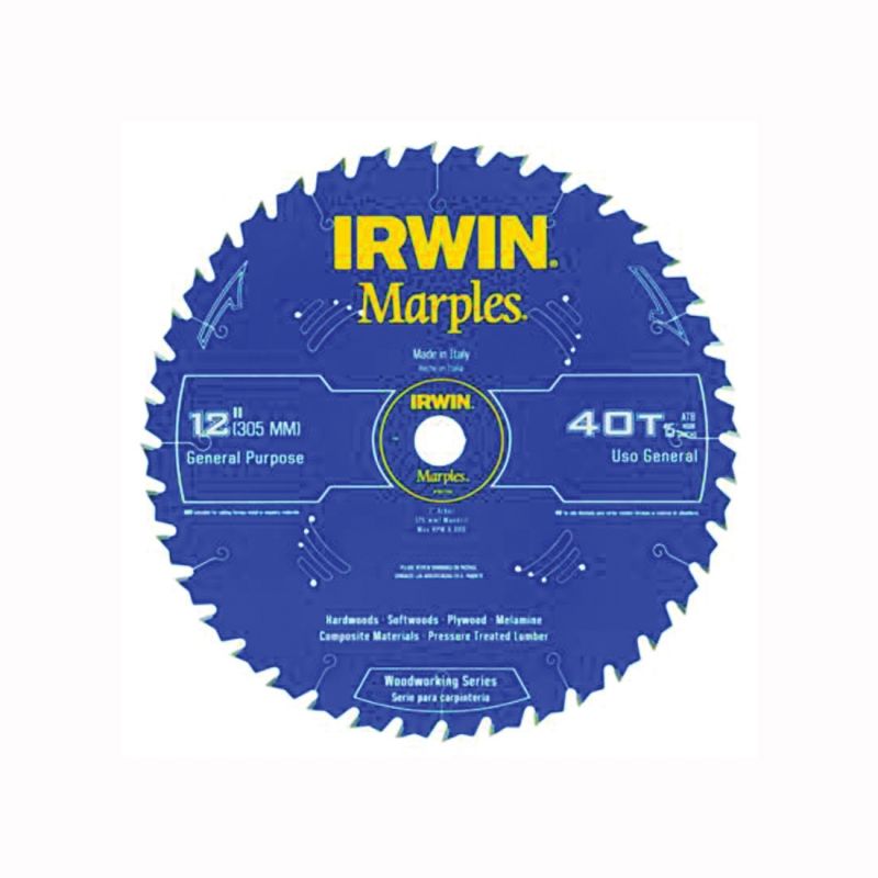 Irwin 1807382 Circular Saw Blade, 12 in Dia, 1 in Arbor, 40-Teeth, Carbide Cutting Edge