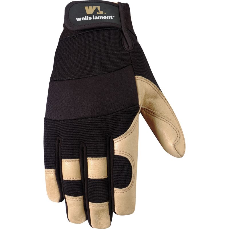 Wells Lamont 3214-XL Adjustable Work Gloves, Men&#039;s, XL, Reinforced Thumb, Spandex Back, Black/Brown/Tan XL, Black/Brown/Tan