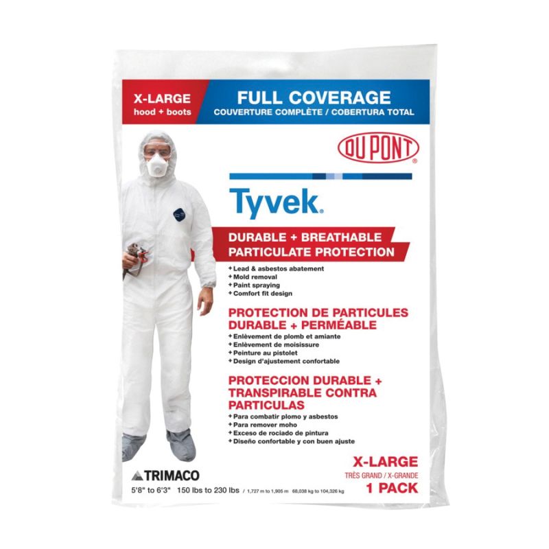Trimaco COLORmaxx 141232/12 Protective Coveralls with Hood and Boots, XL, Zipper Closure, Tyvek, White XL, White