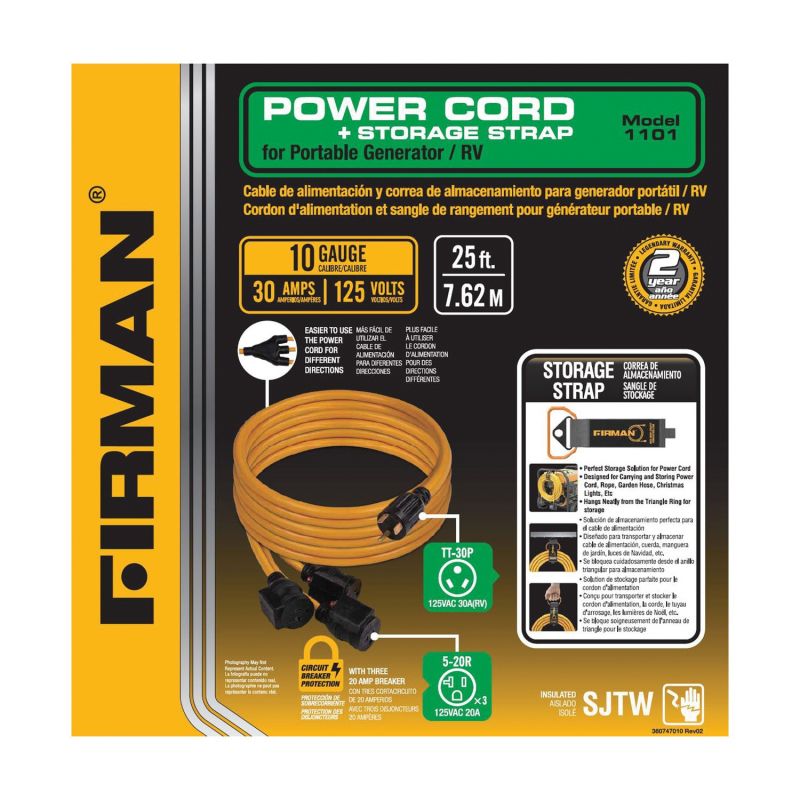 Firman Accessories Series 1101 Portable Power Cord, Male, Female, 10 ga Wire, 25 ft L, Plastic Sheath, Yellow Sheath