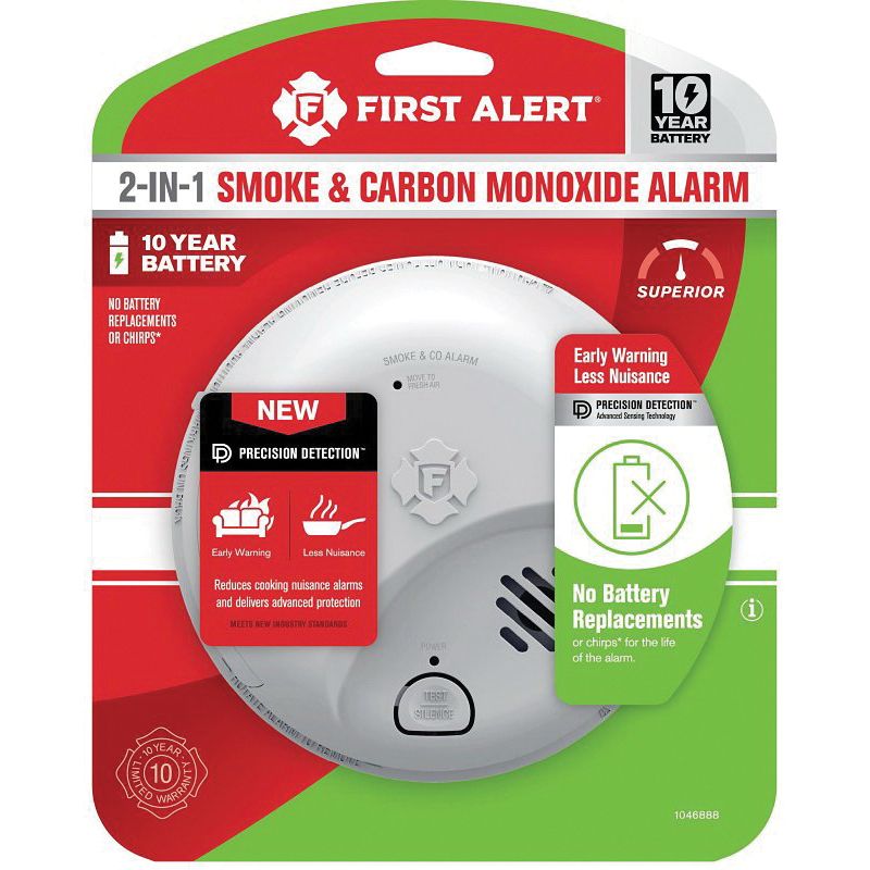 First Alert 1046888 Smoke and Carbon Monoxide Alarm, 85 dBA, Ionization Sensor, White White
