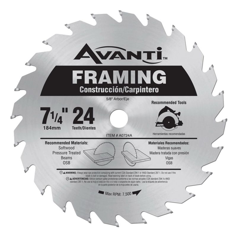 Avanti A0724A Circular Saw Blade, 7-1/4 in Dia, 5/8 in Arbor, 24-Teeth, Carbide Cutting Edge