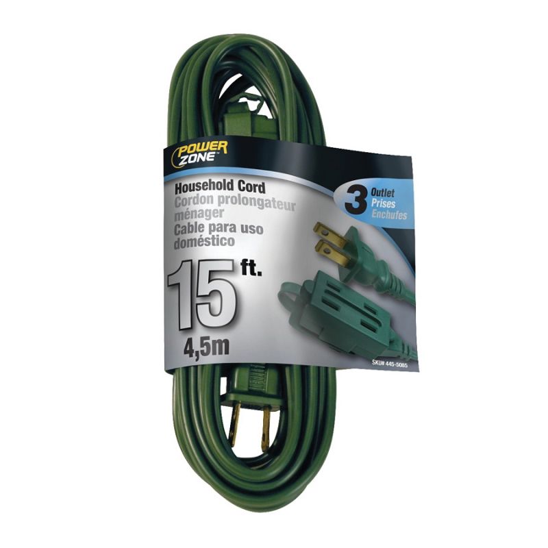 PowerZone OR780615 Extension Cord, 16 AWG Cable, 15 ft L, 125 V, Green