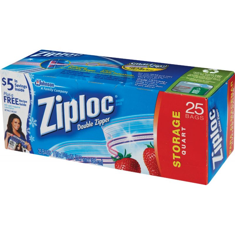 Ziploc Storage Bags, Quart, Double Zipper, 25 bags