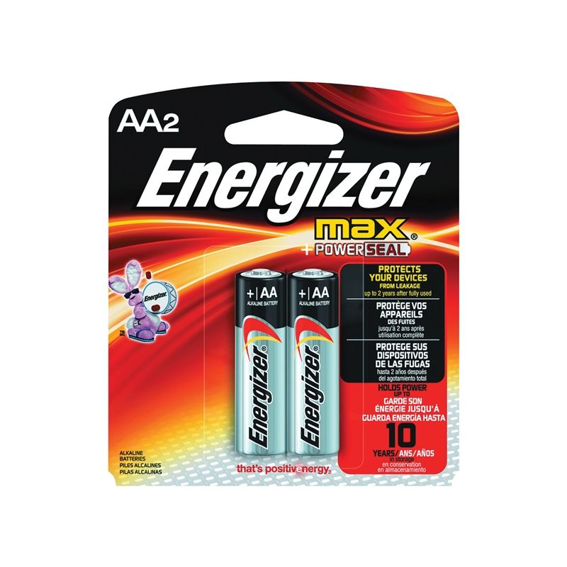 Energizer E91 E91BP-2 Battery, 1.5 V Battery, 2850 mAh, AA Battery, Alkaline, Manganese Dioxide, Zinc, Silver Silver